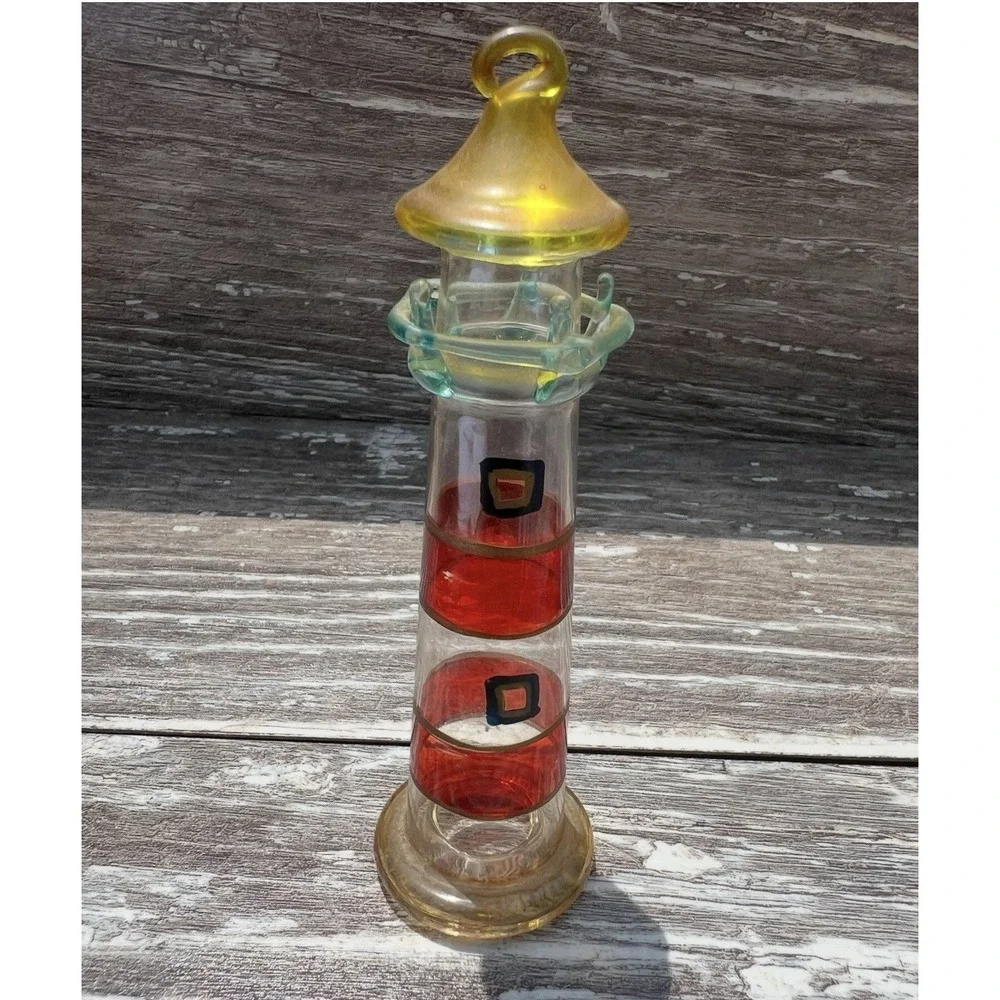Lighthouse Ornaments Hand Blown‎ Glass Lightweight Set Of 2 Colorful  Maritime